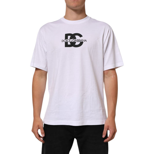 Dolce & Gabbana White Logo Print Cotton Crew Neck Men T-shirt with short sleeves and bold front logo.