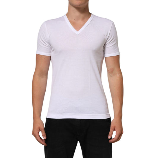 Dolce & Gabbana White Cotton V-Neck Short Sleeves T-shirt displayed on model, showcasing its classic design and breathable fabric.