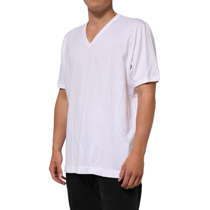 Dolce & Gabbana White Cotton V-Neck Short Sleeves T-shirt shown on male model, front view, casual fit.