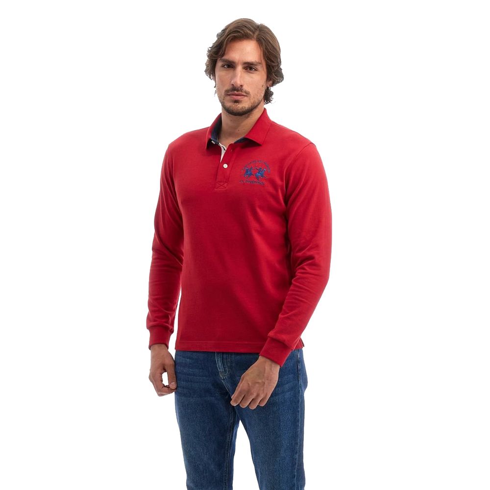Man wearing La Martina Red Cotton Polo Shirt with blue logo embroidered, long-sleeved, casual fashion.