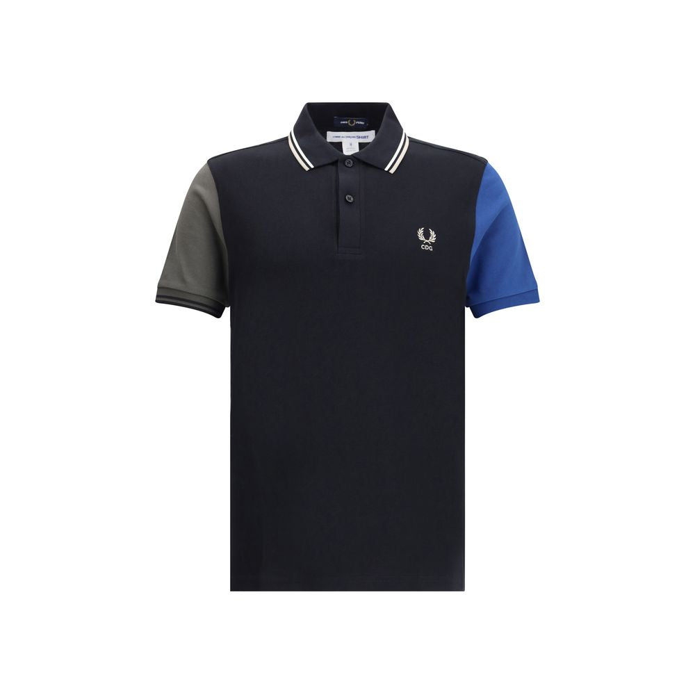 Comme Des Garçons Black Cotton Polo Shirt with green and blue sleeves, regular fit, 100% cotton, AW25, avant-garde fashion.