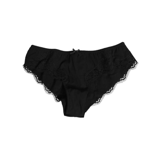 Dolce & Gabbana Black Silk Satin Floral Lace Panty Brief Underwear with delicate lace trim, made in Italy.