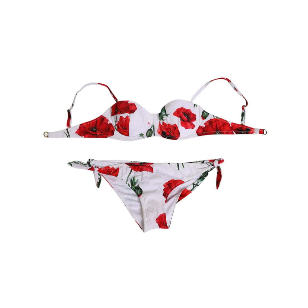 Dolce & Gabbana White Floral Swimsuit 2 Piece Top Bottom Swimwear, elegant padded underwire design with colorful floral prints made in Italy.