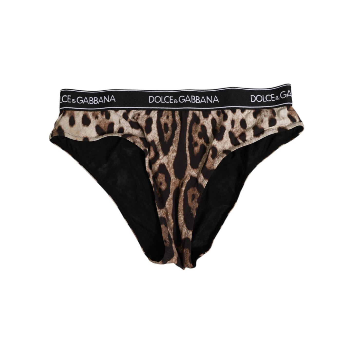 Dolce & Gabbana Brown Leopard Nylon High Waist Panty Underwear with logo waistband, showcasing signature leopard print design.