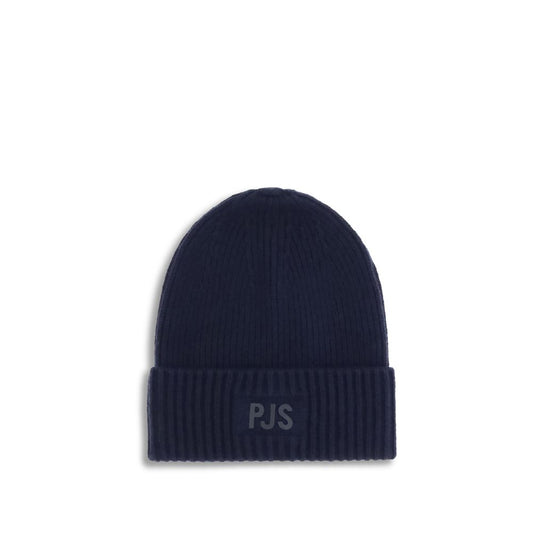 Parajumpers Ribbed Beanie Hat in navy with a PJS patch, made of 80% wool and 20% nylon, offering comfort and a stylish winter look.