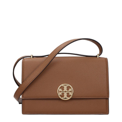 Tory Burch Brown Leather Crossbody Bag with gold logo and adjustable strap, medium size with button closure.