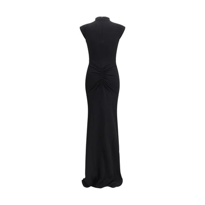 Rear view of Jacquemus Black Viscose Cocktail Dress with ruched detailing and floor-length silhouette, ideal for formal occasions.