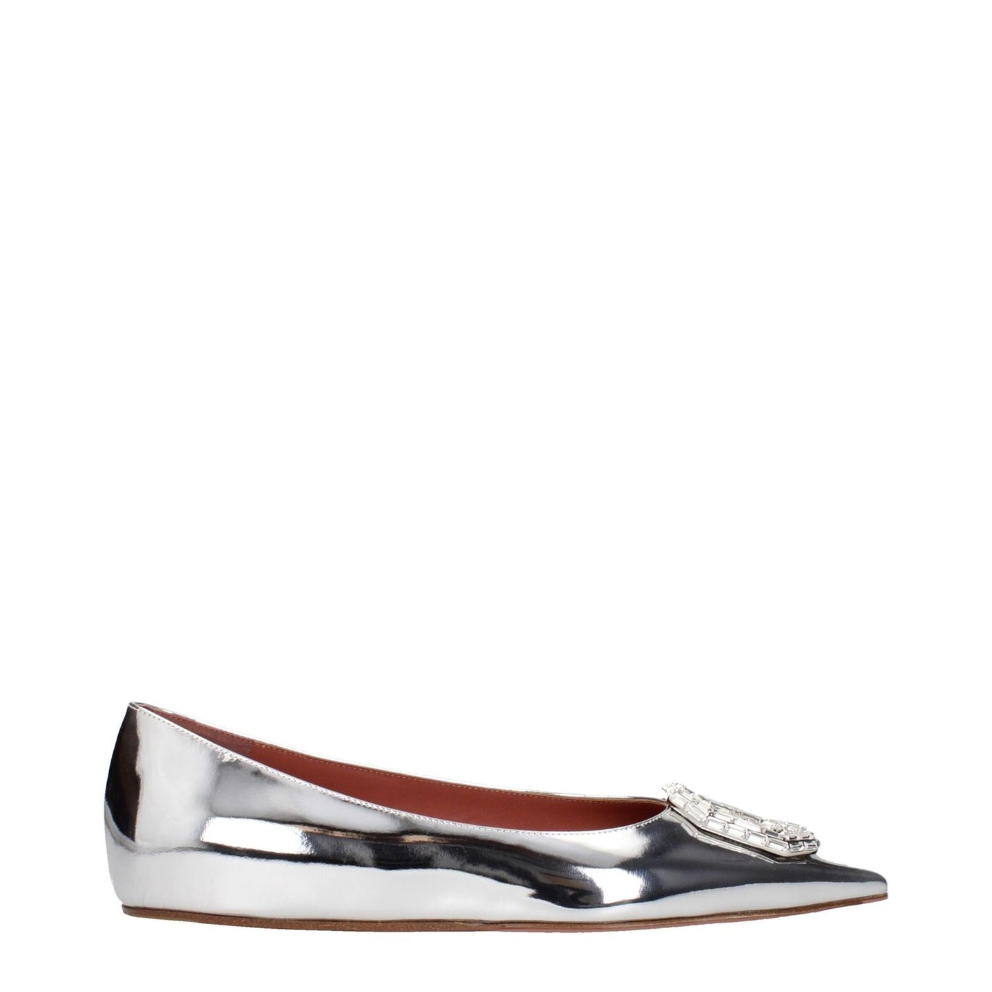 Amina Muaddi Gray Leather Ballet Flats with pointy toe and rhinestone front detail in silver.