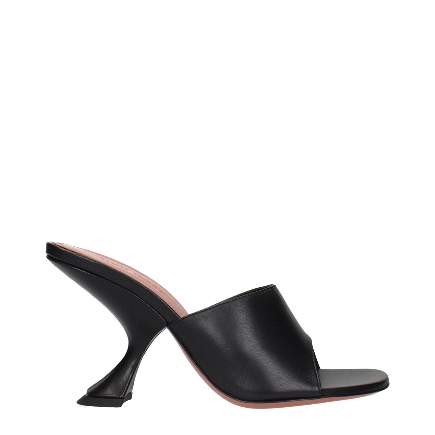 Amina Muaddi Black Leather Stiletto Heel Sandals with unique heel design, side view.