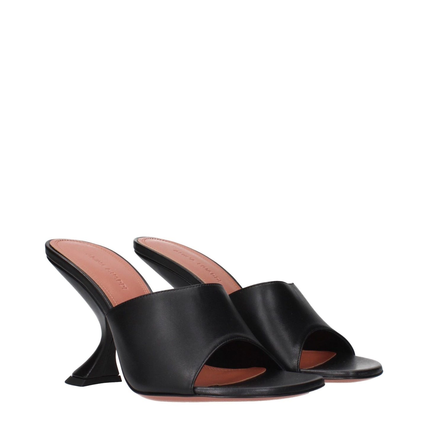 Amina Muaddi Black Leather Stiletto Heel Sandals with unique flared heel design, perfect for enhancing stylish evening outfits.