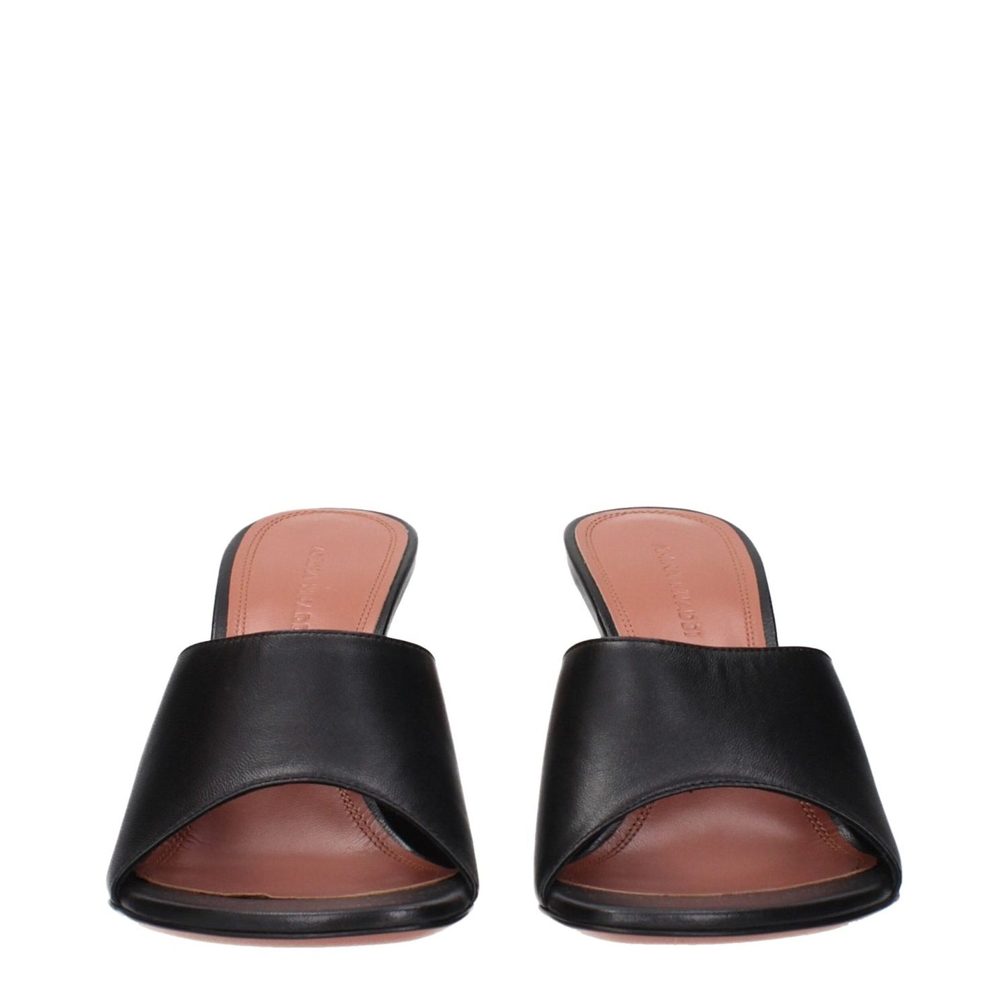 Amina Muaddi Black Leather Stiletto Heel Sandals featuring open-toe design and sleek silhouette.