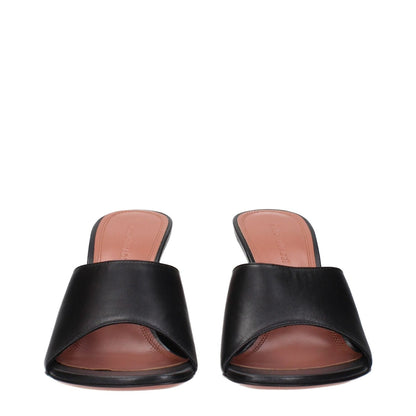 Amina Muaddi Black Leather Stiletto Heel Sandals featuring open-toe design and sleek silhouette.