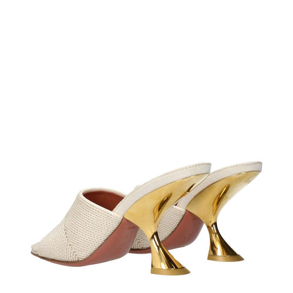 Amina Muaddi Beige Fabric Slippers with gold heel design, product code F84592, showcasing side and back view.