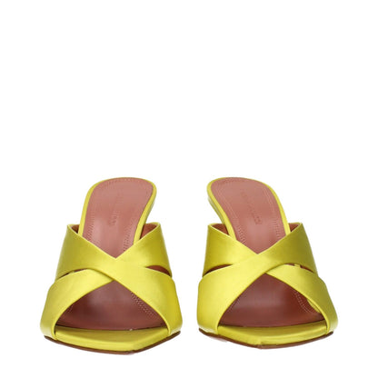 Amina Muaddi Green Satin Stiletto Heel Sandals, lime color, criss-cross design, elegant summer footwear, fashion statement.