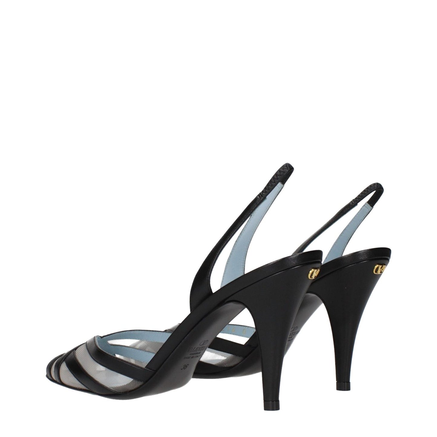 Valentino Garavani Black Leather High Heel Pumps with pointy toe and gold back logo, 9 cm heel, casual style.
