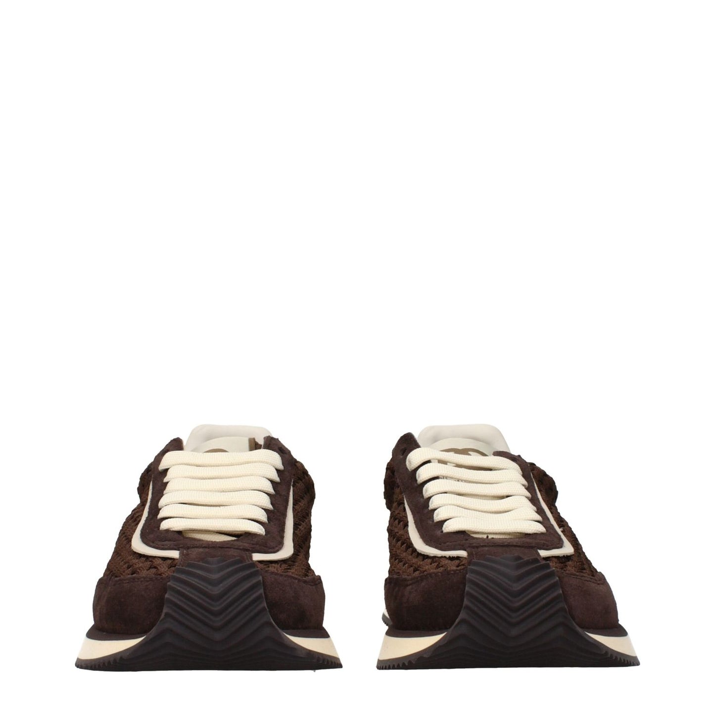 Front view of Dolce & Gabbana Brown Fabric Low Top Sneakers with white laces, featuring front and back logos.