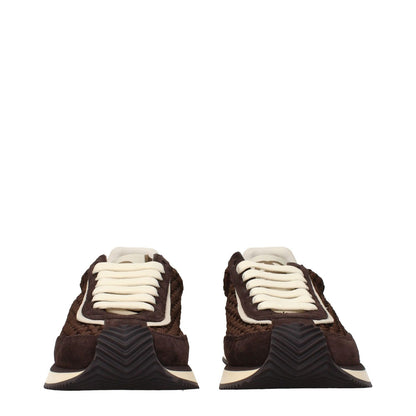 Front view of Dolce & Gabbana Brown Fabric Low Top Sneakers with white laces, featuring front and back logos.