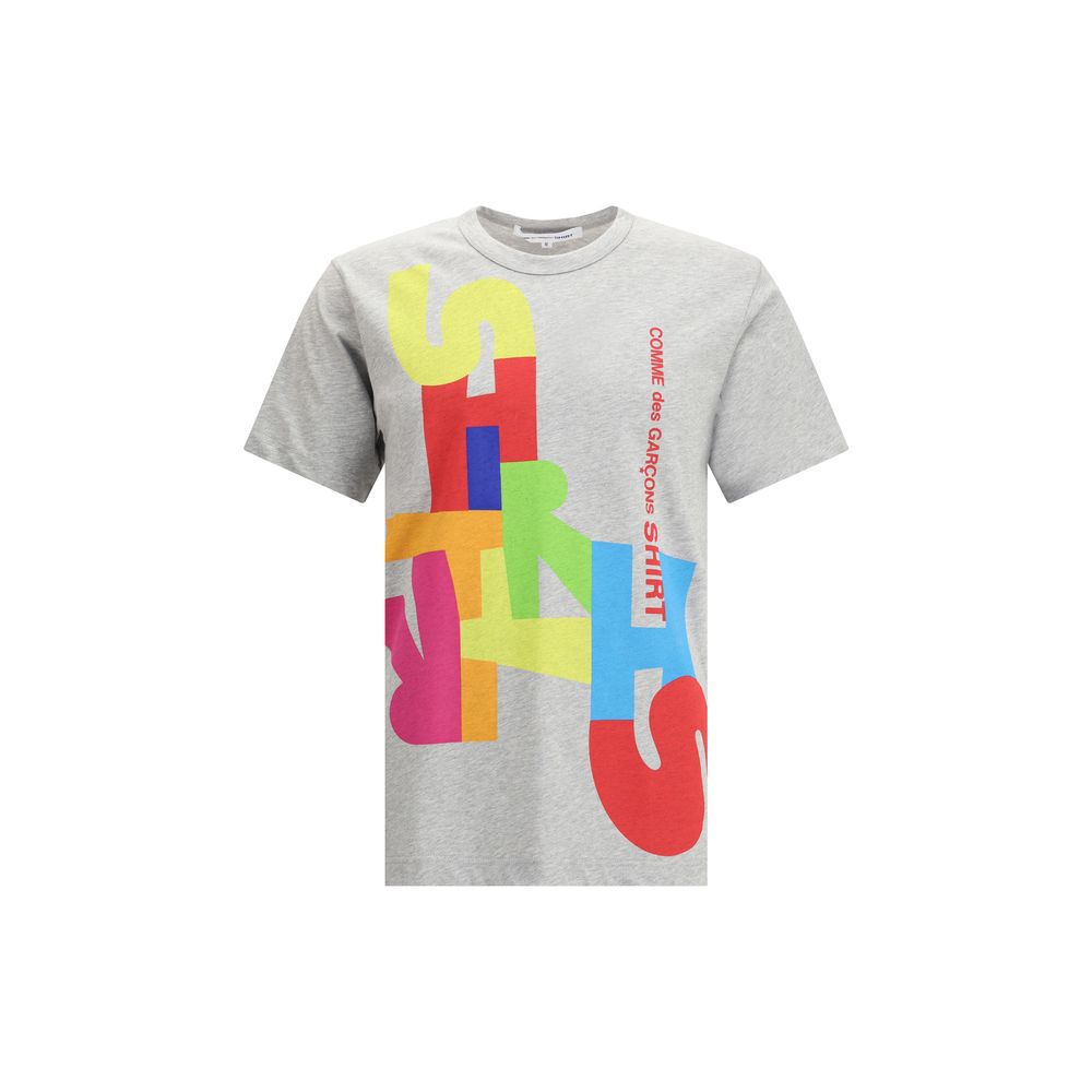 Comme Des Garçons Gray Cotton T-Shirt with multicolor print, short sleeves, and crew neck, perfect for casual elegance.