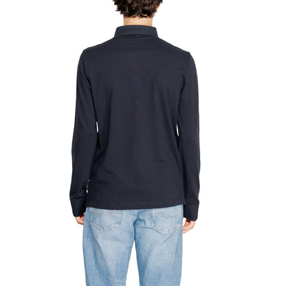 Back view of Armani Exchange Blue Cotton Long Sleeve T-Shirt worn by a person, showcasing elegant style and versatility.