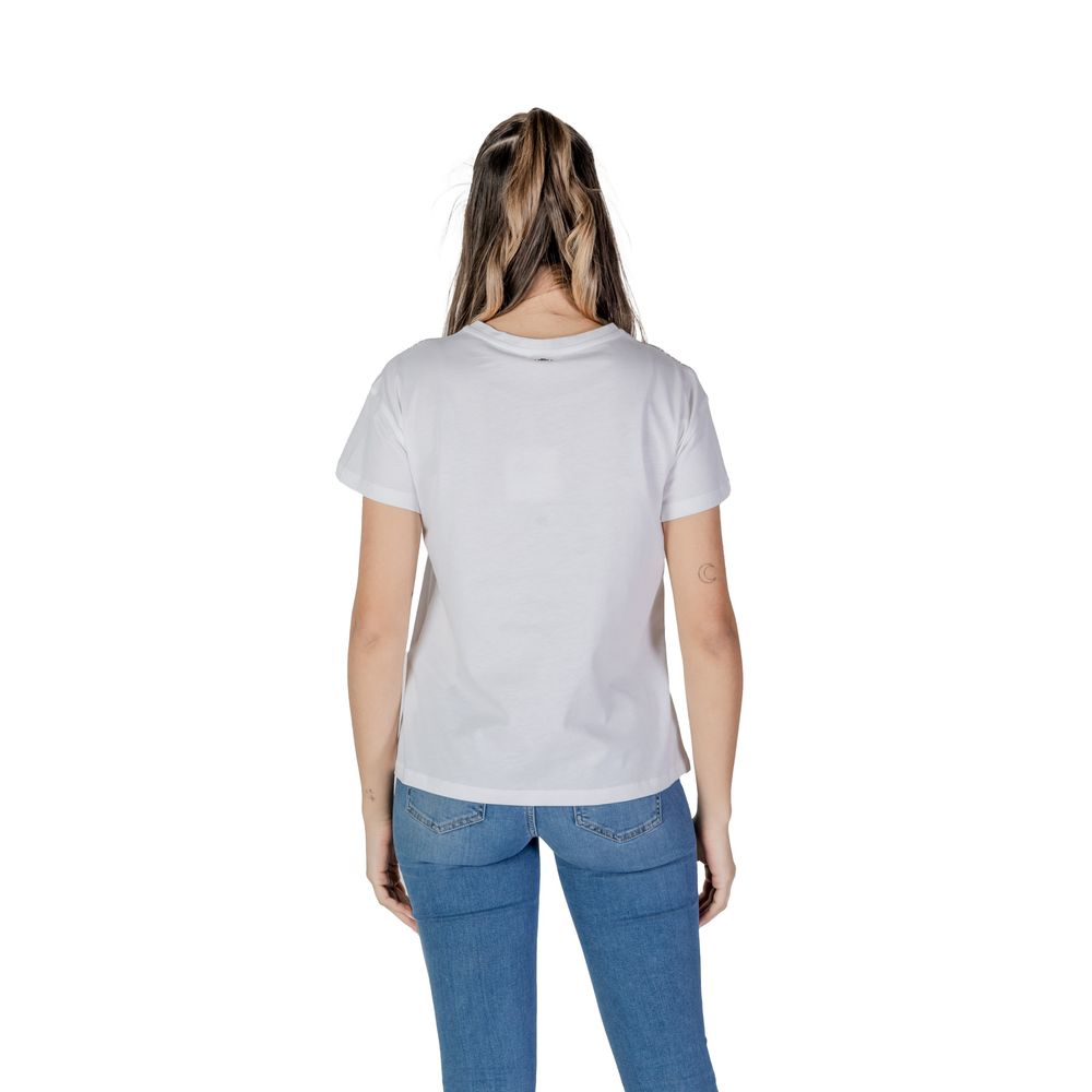 Back view of Liu Jo White Cotton T-Shirt on model, showcasing short sleeves and modern design.
