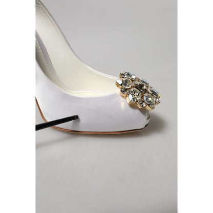 Dolce & Gabbana White Crystals Peep Toe Satin Pumps Shoes