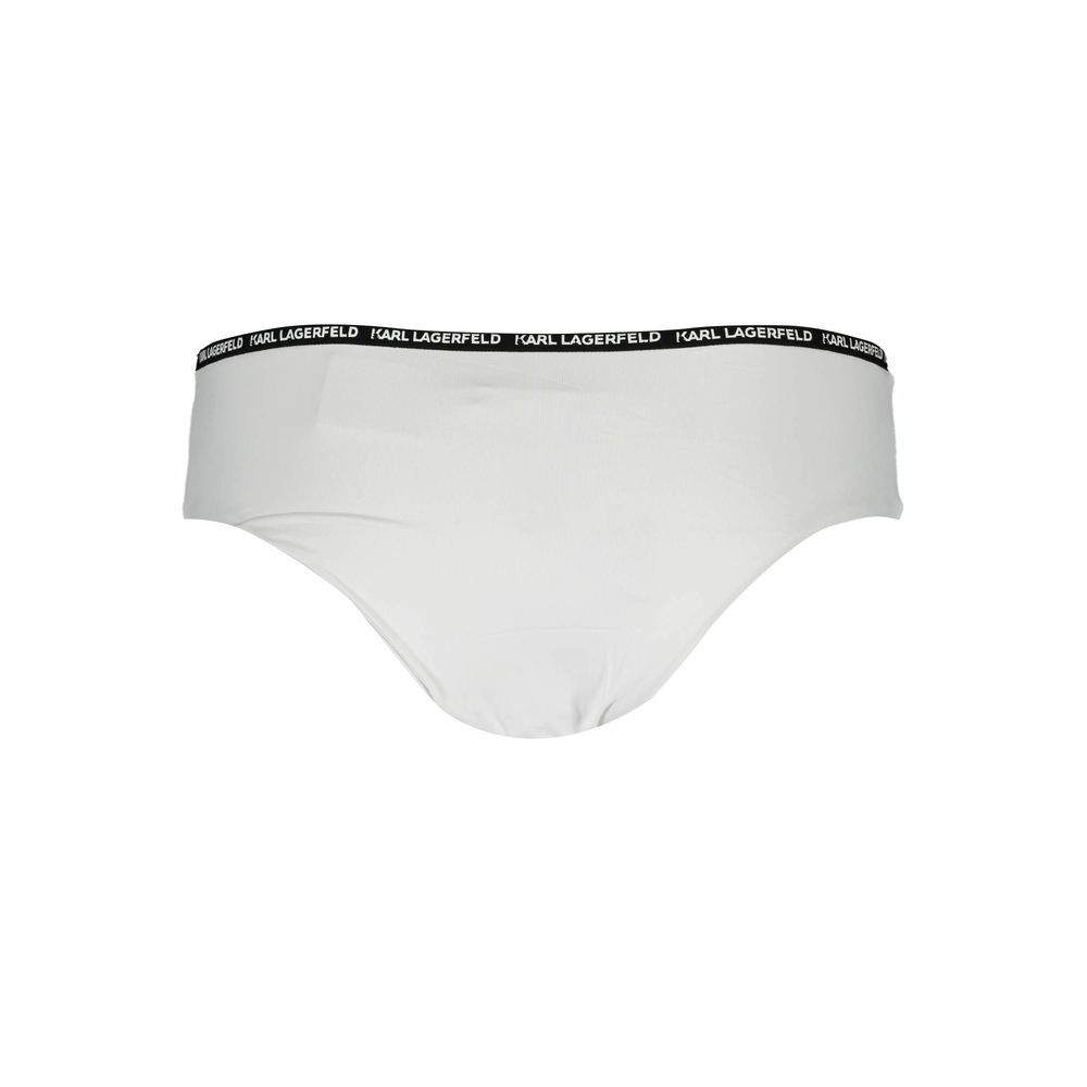 Karl Lagerfeld White Elastane Swimwear with logo and lined interior, featuring contrasting details. High-quality designer swim briefs.