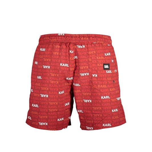 Karl Lagerfeld Red Polyester Swimwear with logo design, featuring elastic waist, laces, and three pockets.