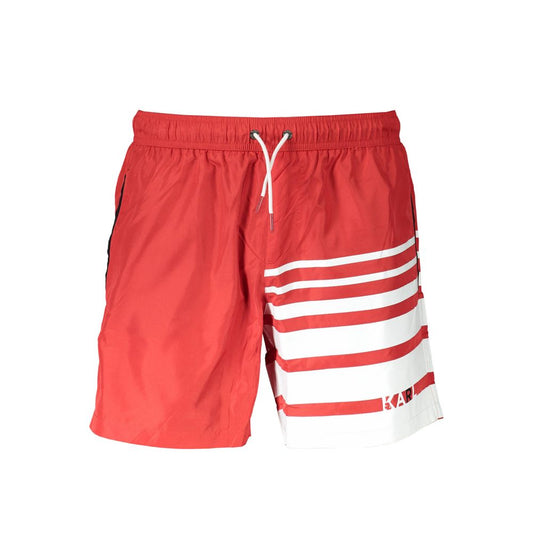 Karl Lagerfeld Red Polyester Swimwear featuring medium swim boxer with pockets, inside slip, laces, and logo print.
