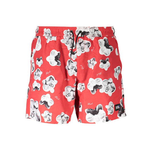 Karl Lagerfeld Red Polyester Swimwear with floral design, medium swim boxer, 2 side pockets, 1 back pocket, and adjustable laces.