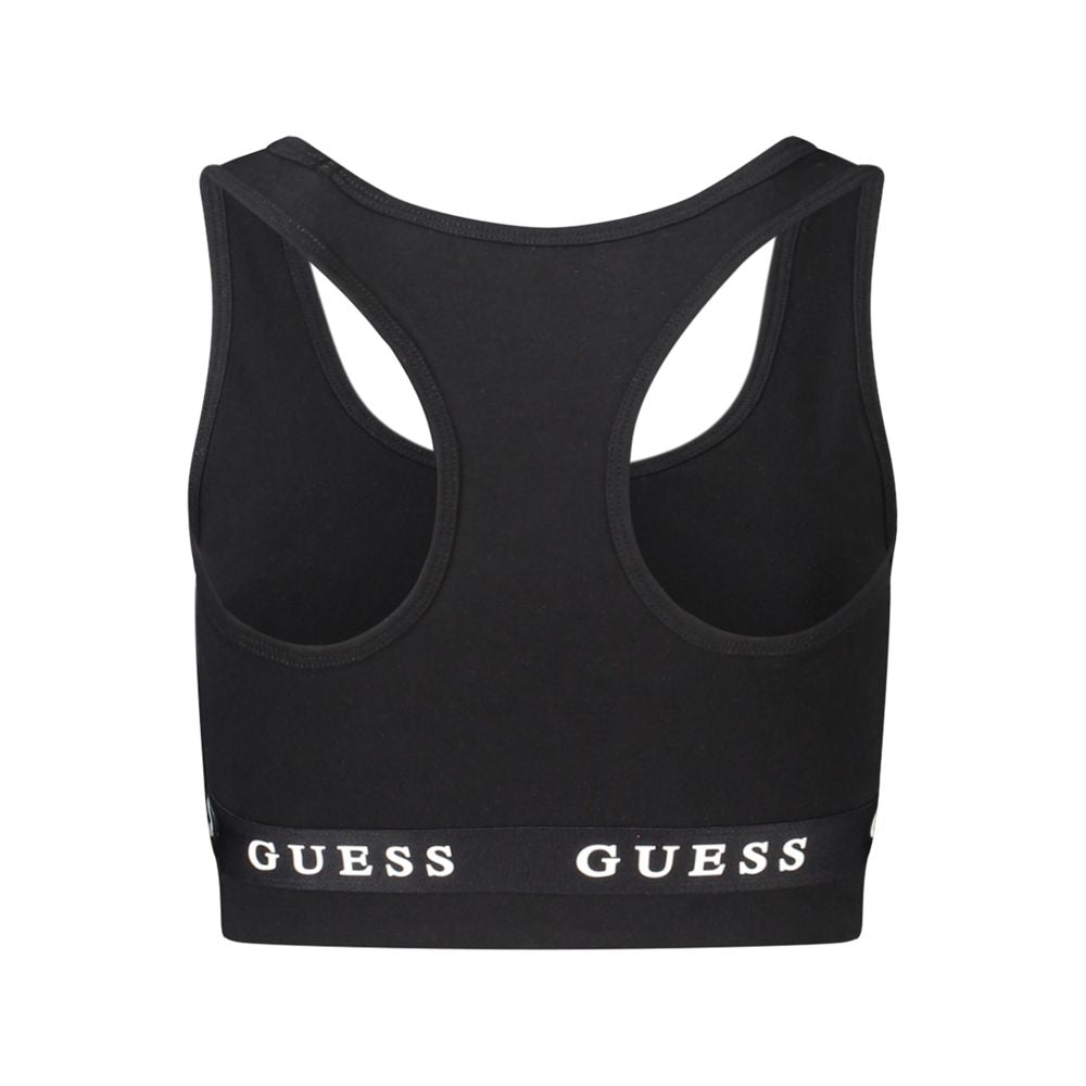 Back view of Guess Jeans Black Cotton Shirt, featuring sports top design with halter shoulder straps and logo print