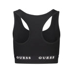 Back view of Guess Jeans Black Cotton Shirt, featuring sports top design with halter shoulder straps and logo print