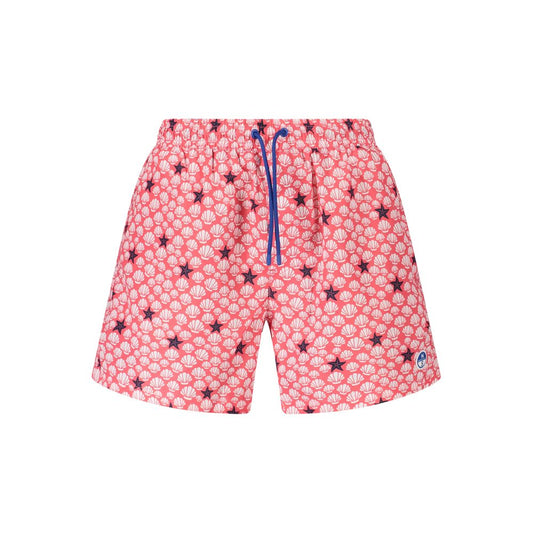 North Sails Red Polyester Swimwear, patterned swim boxer with elastic waist and laces, features ocean positive logo, contrasting details