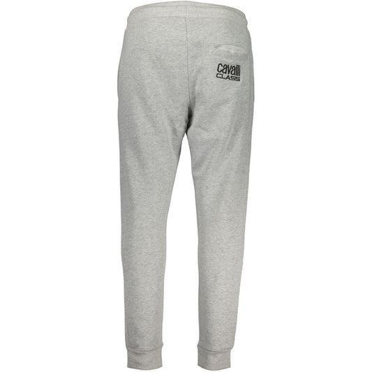 Cavalli Class Gray Cotton Pant with elastic waist, lace-up, 3 pockets, ankle cuff, embroidery, and logo