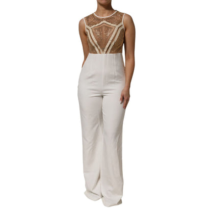 Mangano White Beige Mesh Crystal Embellished Sleeveless Jumpsuit