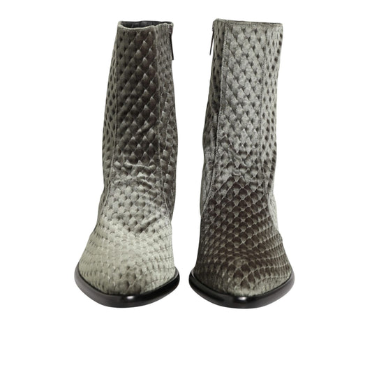 Dolce & Gabbana Gray Cotton Velvet Mid Calf Short Boots Shoes