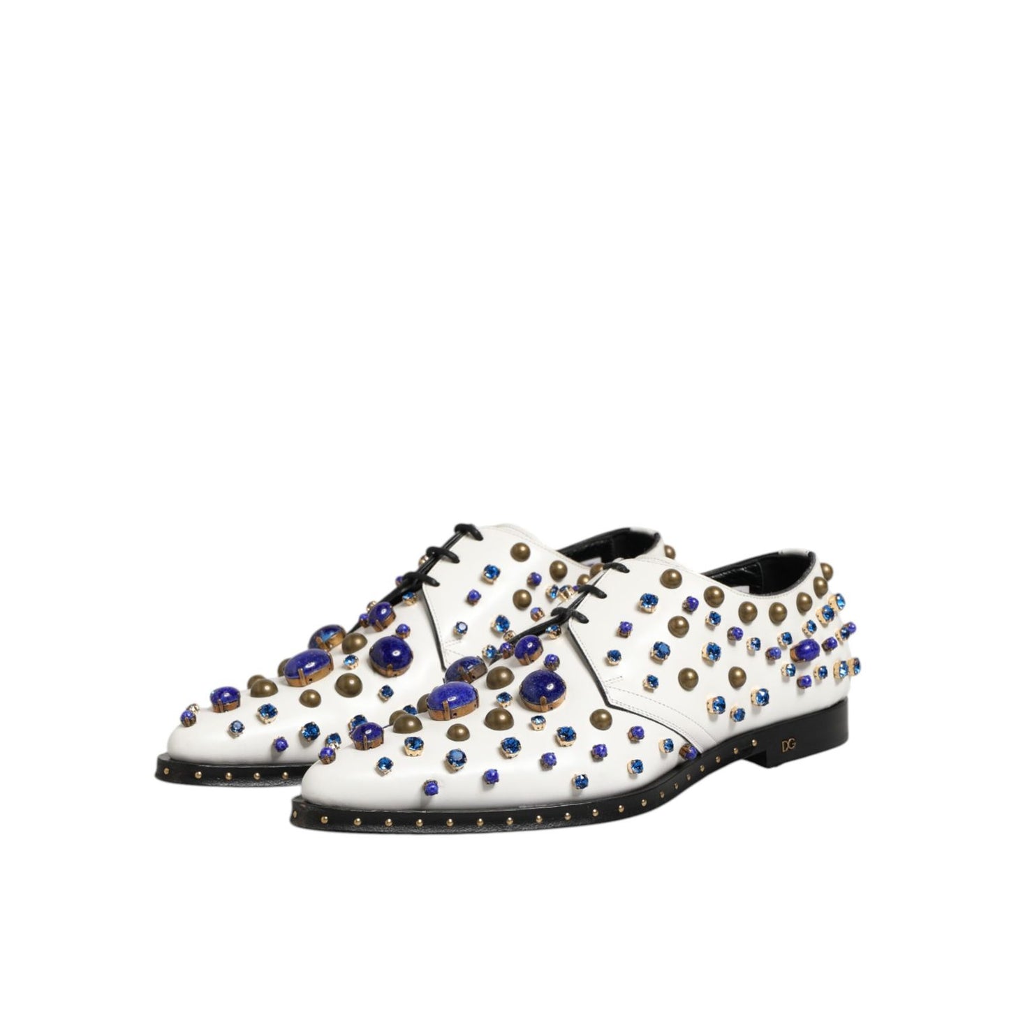 Dolce & Gabbana White Leather Crystals Embellished Dress Shoes with multicolor crystal details, perfect for formal events and stylish occasions.