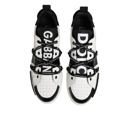 Dolce & Gabbana White Leather Logo Portofino Sneakers Shoes with black accents and logo detailing, top view.