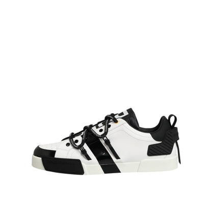 Dolce & Gabbana White Leather Logo Portofino Sneakers Shoes in black and white colorway with lace-up closure and rubber sole.