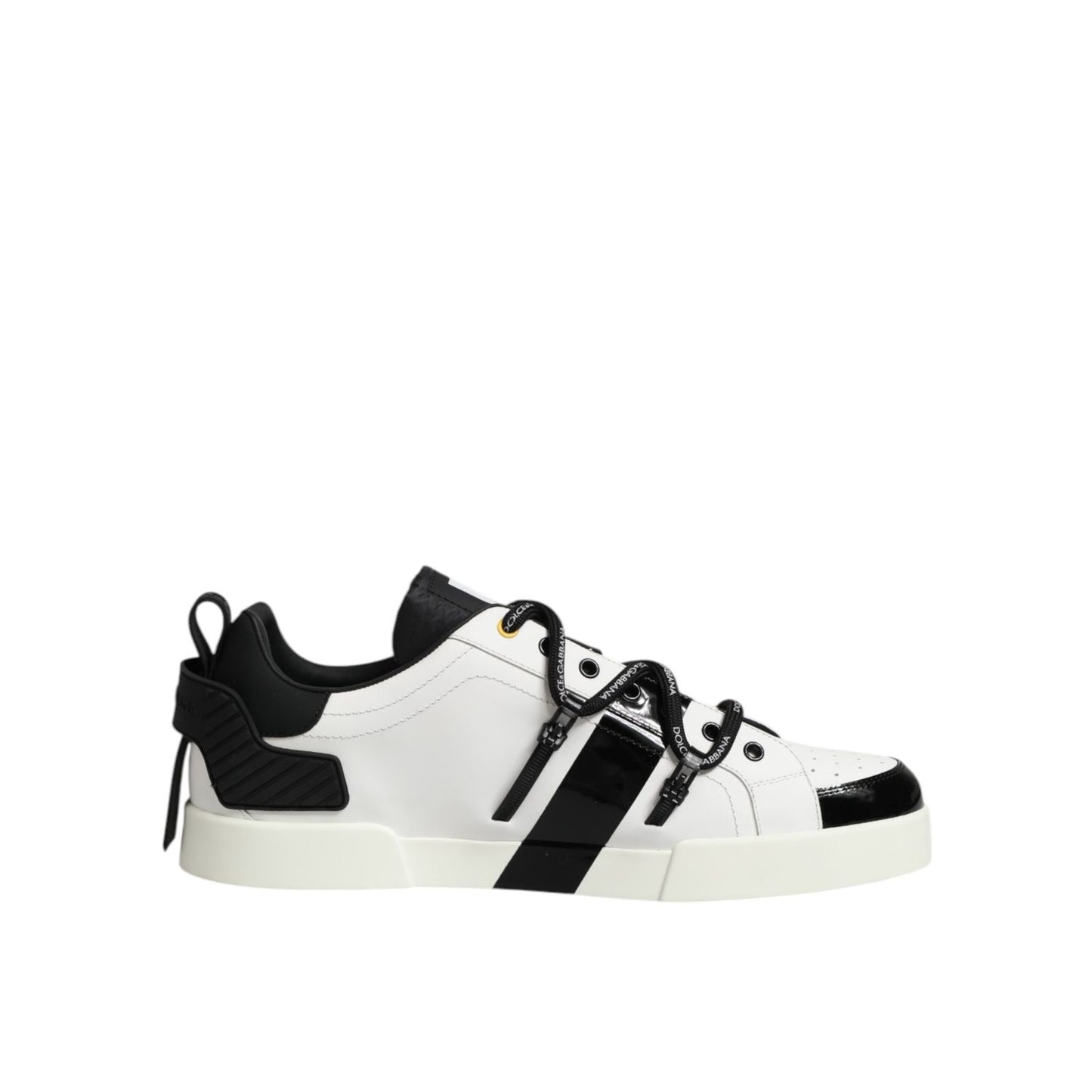 Dolce & Gabbana White Leather Logo Portofino Sneakers Shoes with black accents and lace-up closure on a rubber sole.