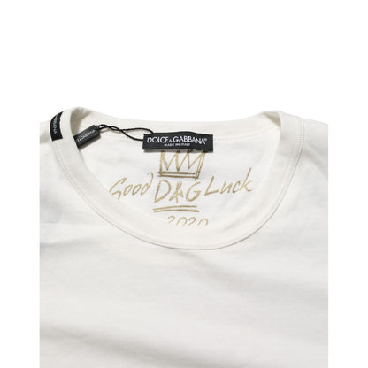 Close-up of Dolce & Gabbana White Cotton Goodluck 2020 Crew Neck T-shirt with bold text and soft fabric texture.