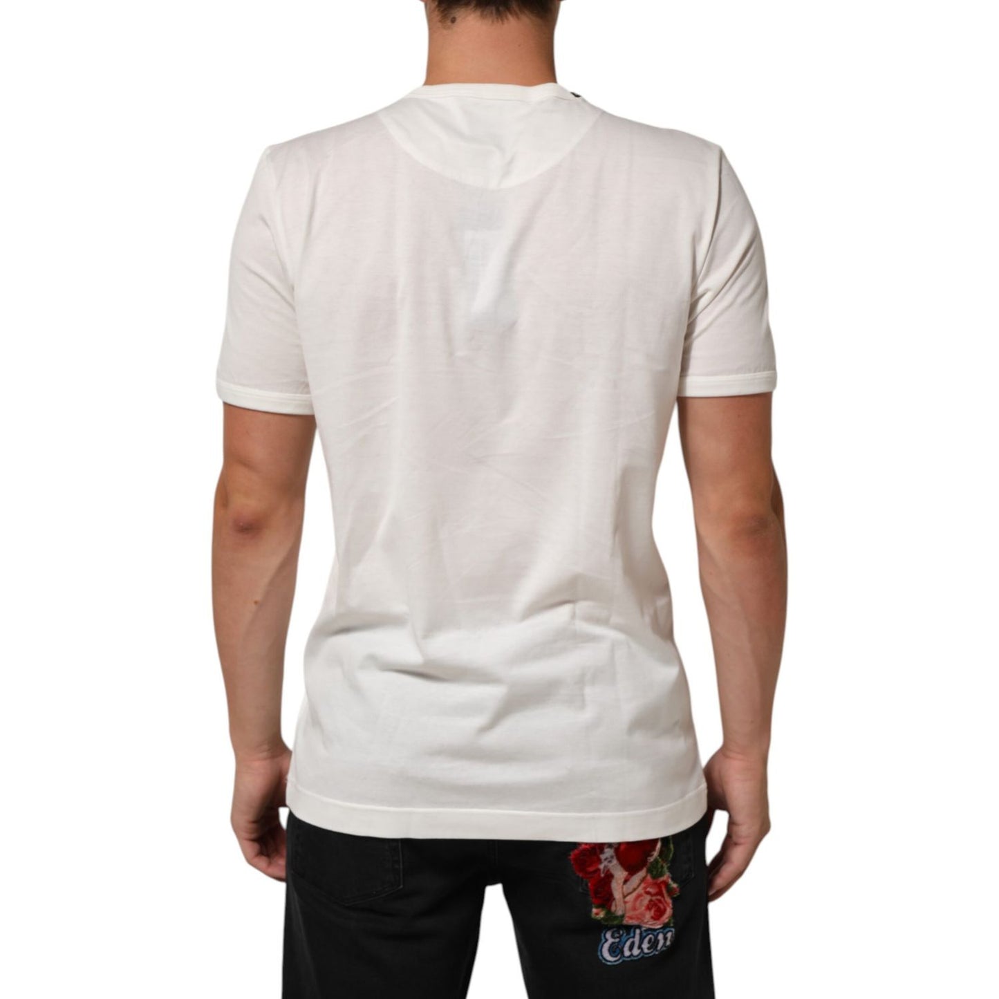 Back view of Dolce & Gabbana White Cotton Goodluck 2020 Crew Neck T-shirt, featuring a casual fit and soft cotton fabric.