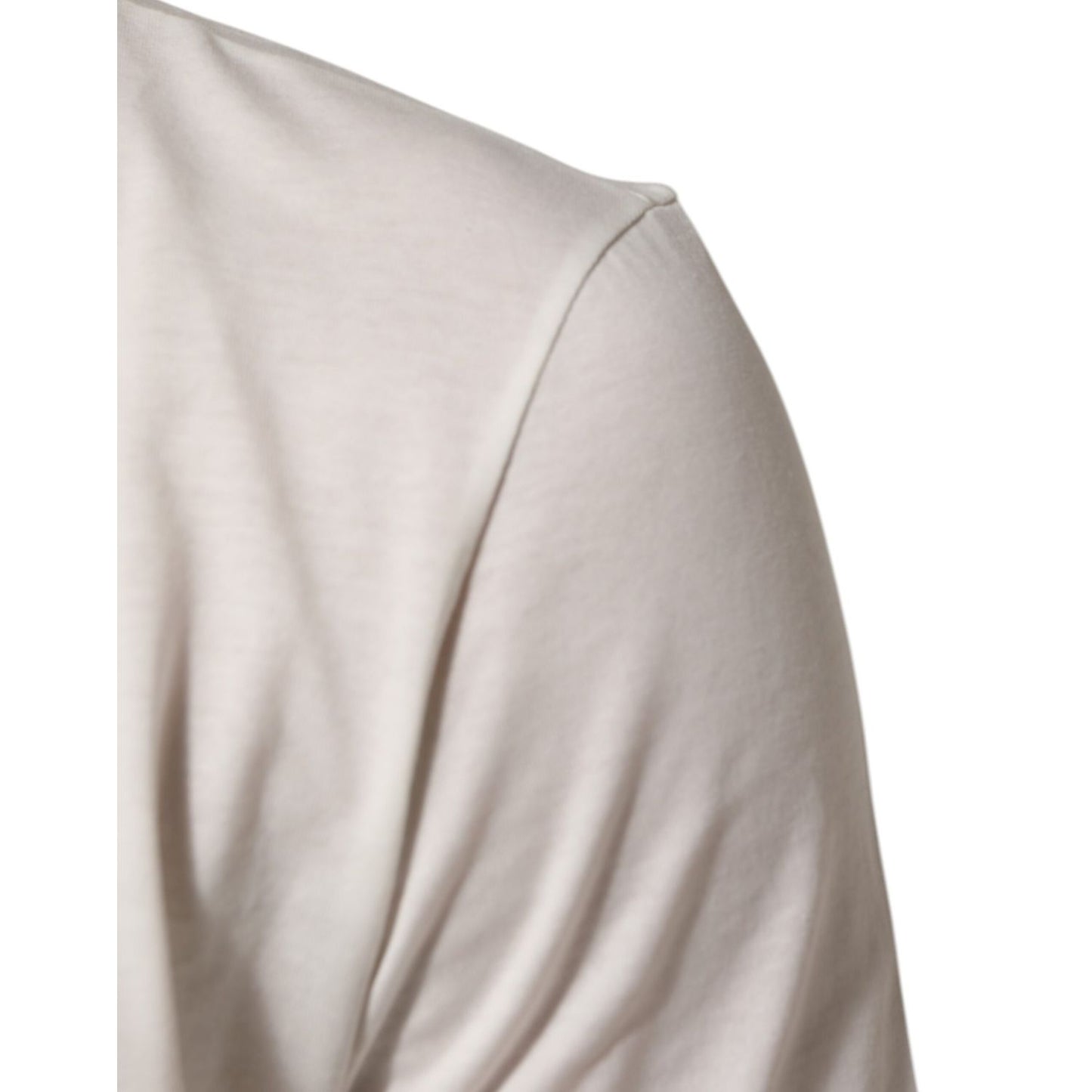 Close-up of Dolce & Gabbana White Cotton Goodluck 2020 Crew Neck T-shirt sleeve showing fabric texture and stitching details.