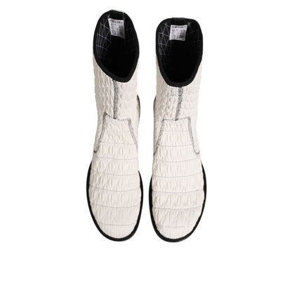Dolce & Gabbana White Lambskin Leather Mid Calf Boots Shoes with quilted design, top view displaying luxury footwear style.