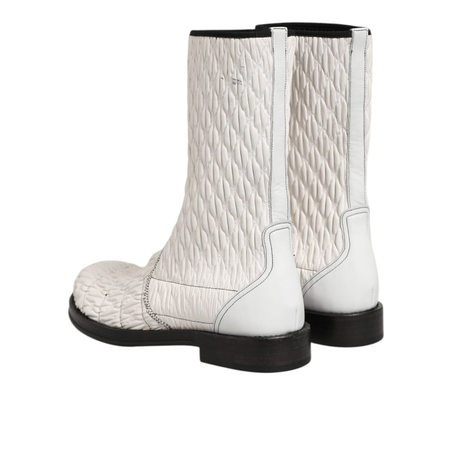 Dolce & Gabbana White Lambskin Leather Mid Calf Boots Shoes with quilted design and black sole, rear view showcasing elegant craftsmanship.