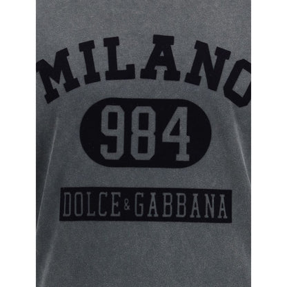 Dolce & Gabbana Gray Cotton T-Shirt featuring Milano 984 design with textured front logo and ribbed crew neck.