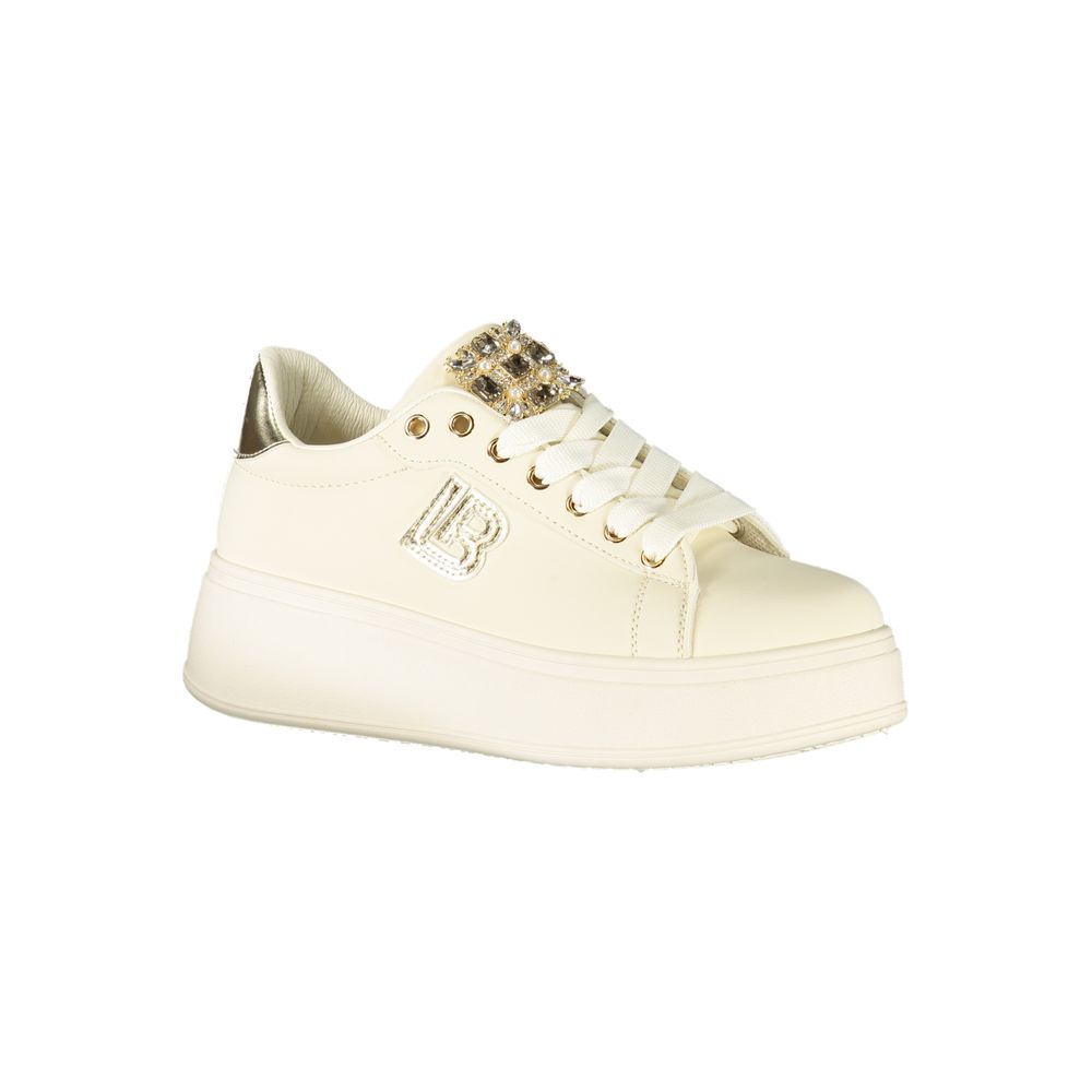 Laura Biagiotti Beige Polyester Women Sneaker with rhinestone accents and 5 cm platform for fashion-forward comfort.