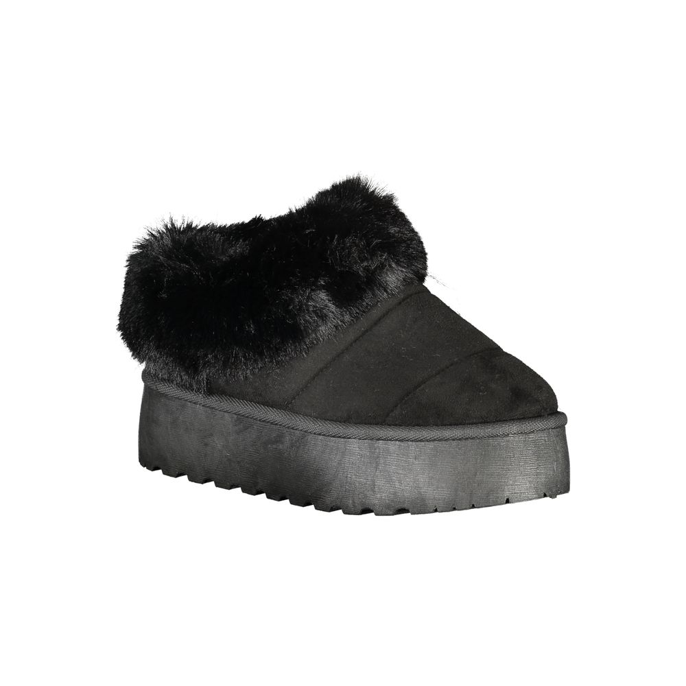 Laura Biagiotti Black Polyester Women Sneaker with plush fur detail and 4 cm wedge heel, embodies sporty chic elegance.
