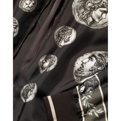 Dolce & Gabbana Black "Monete" Coin Print Silk Bomber Jacket