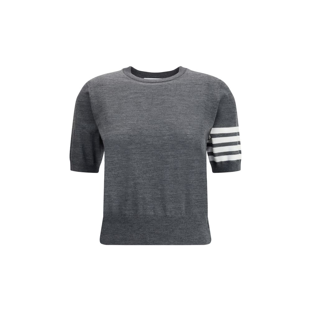 Thom Browne Gray Fleece Wool T-Shirt with ribbed crew neck and iconic bands on sleeve, perfect for a casual sophisticated look.
