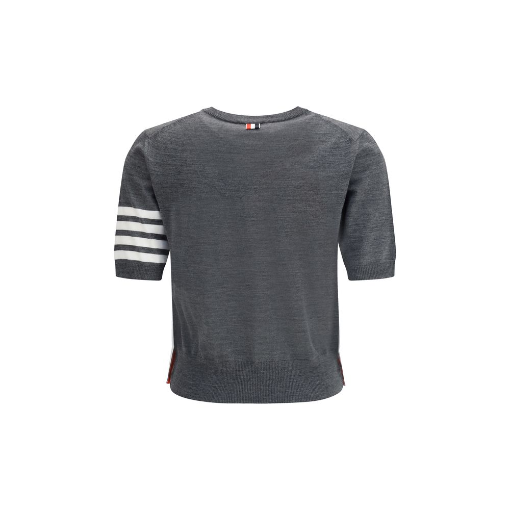 Thom Browne Gray Fleece Wool T-Shirt with iconic sleeve bands and ribbed hems, perfect for a casual yet sophisticated look.